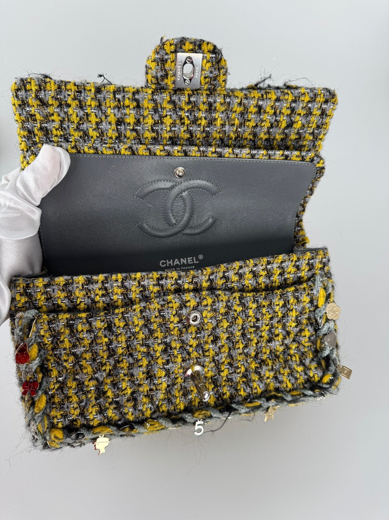 Chanel Tweed Braided Charms medium Flap Bag Yellow Grey Black