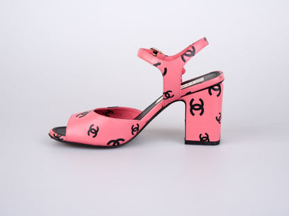 Chanel Printed Lambskin Coco Beach Sandals Pink Black Size 38.5