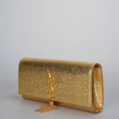 Saint Laurent Gold Metallic Calfskin Embossed Classic Monogram Tassel Clutch