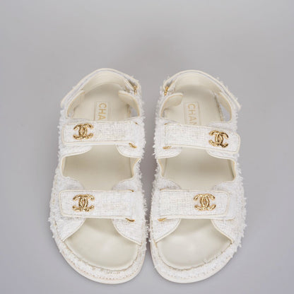 Chanel White Tweed Sandals 39