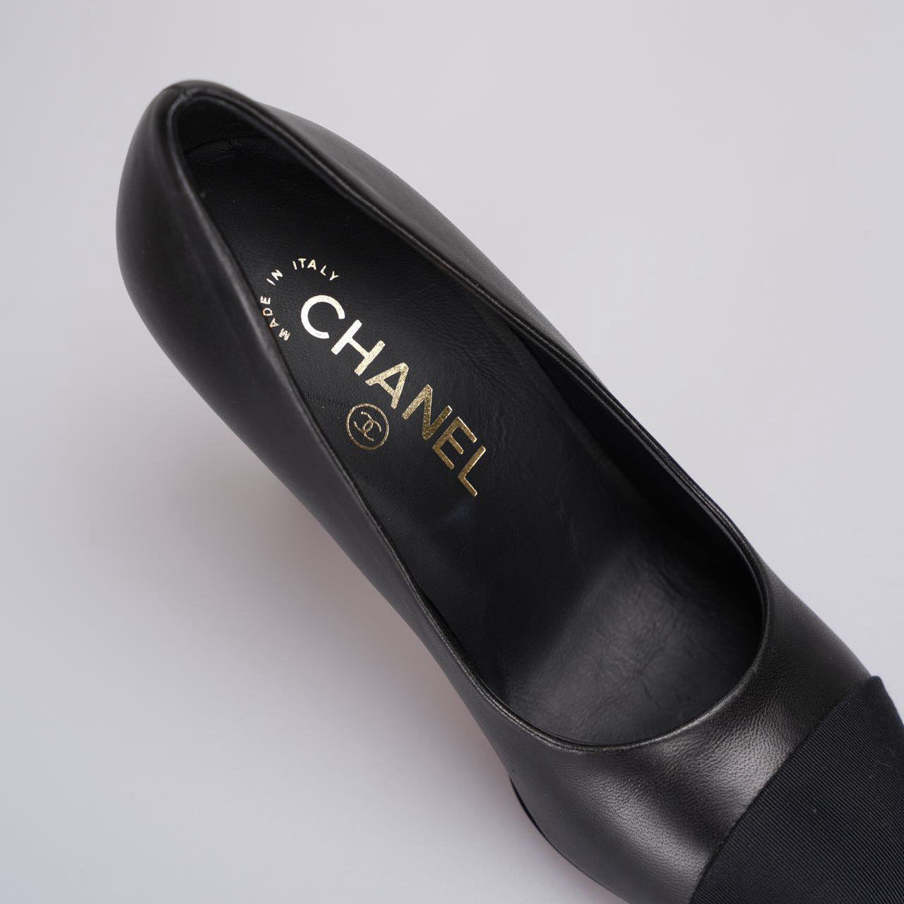 Chanel Lambskin Grosgrain Cap Toe Pumps with Pearl Embellished Heel Black