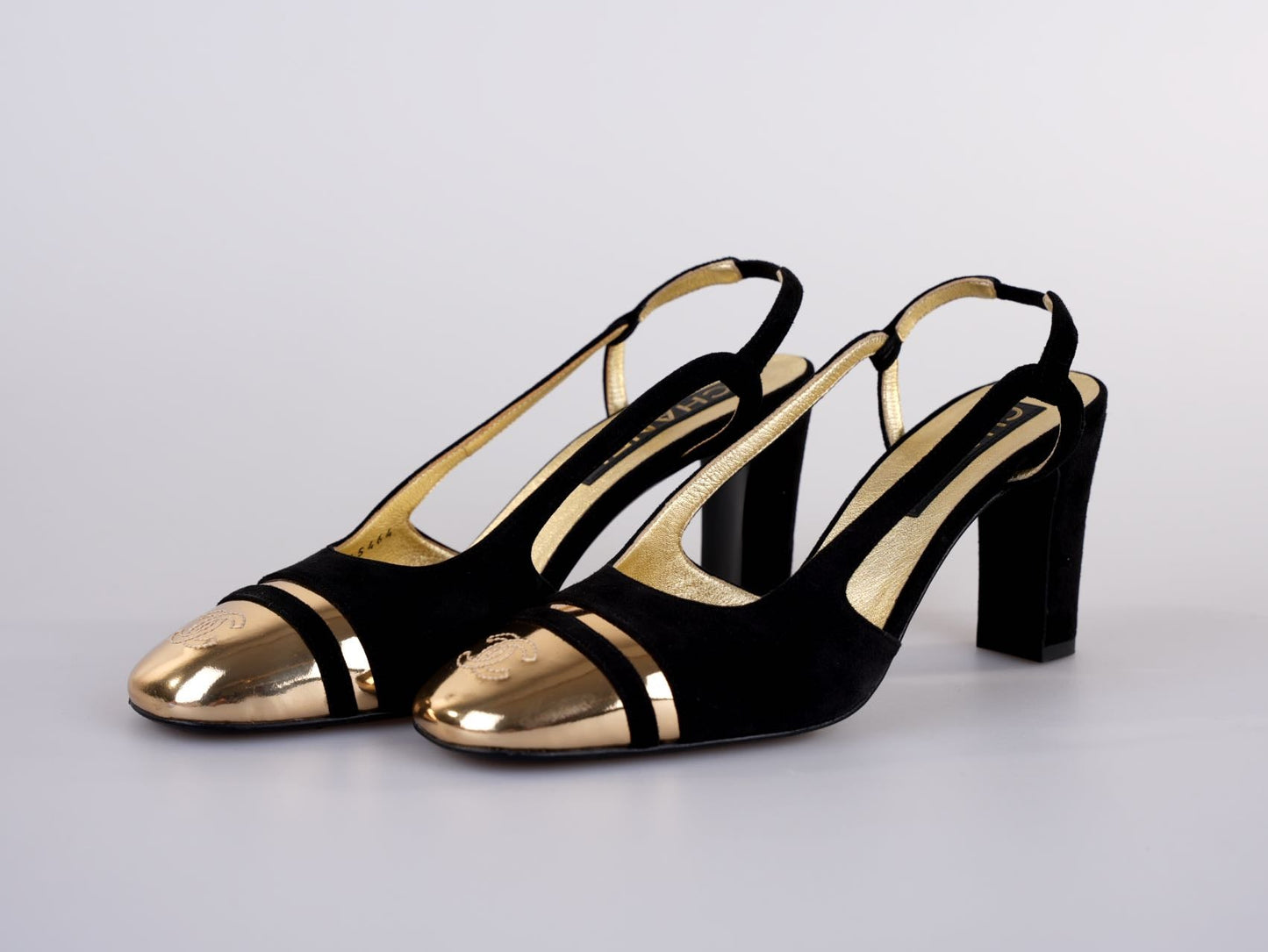 Chanel CC Slingback Heels Black Gold Size 38C