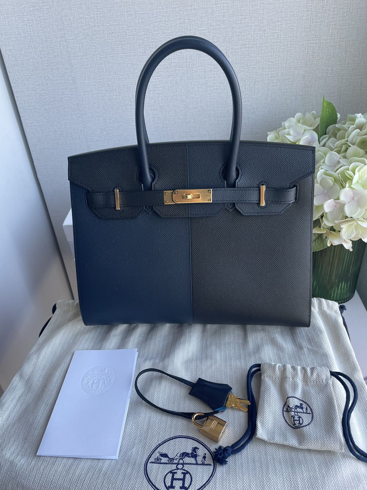 Hermes Birkin Bag 30 in Blue Indigo and Black Epsom Leather with Gold Hardware