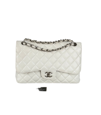 Chanel White Jumbo classic Double Flap Bag In Caviar Leather with silber Hardware