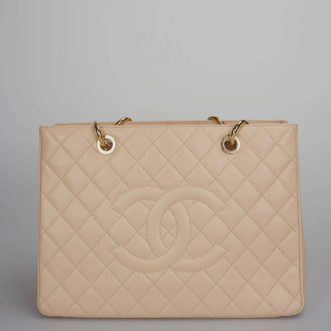 Chanel Beige Grand Shopping Tote GST Bag in Caviar Leather with gold Hardware