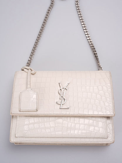 Saint Laurent YSL Sunset Medium Crocodile Embossed Leather Bag in Ivory