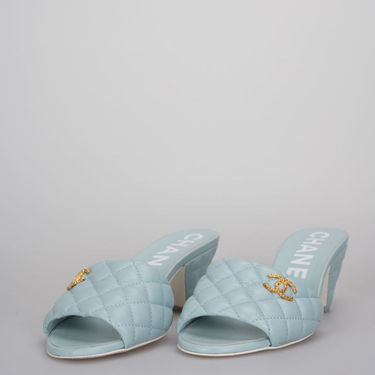 CHANEL Tiffany Blue Lambskin Quilted Textured CC Mules 38.5