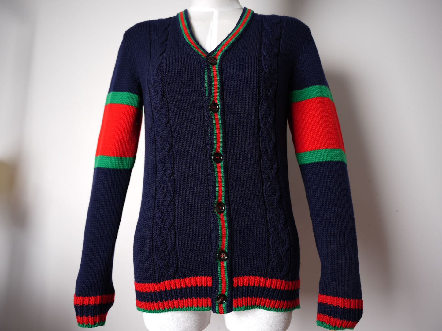 Gucci Blue/Red Oversize Cable Knit Cardigan