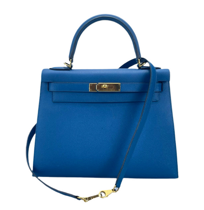 Hermes Kelly Sellier Bag 28cm In Blue Epsom Leather With Gold Hardware