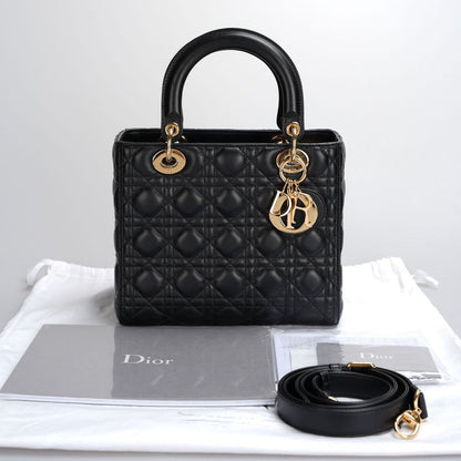 Christian Dior Black Medium Lady Dior Bag in Cannage Lambskin Leather with Gold Hardware