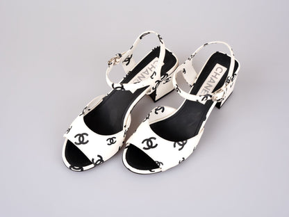 Chanel Printed Lambskin CC Platform Sandals White Black Size 37C