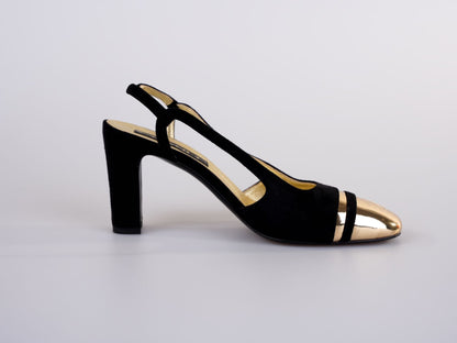 Chanel CC Slingback Heels Black Gold Size 38C