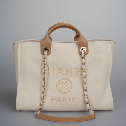 Chanel Deauville Pearl Tote Beige white medium