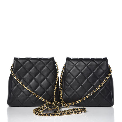 Chanel Lambskin Quilted Side Packs Black small double bag with pearls chain with cc logo