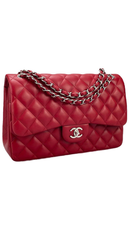 Chanel Red timeless Classic jumbo Bag in Lambskin silber Hardware