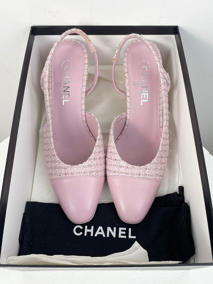 Chanel pink tweed m slingback pumps with CC logo 39