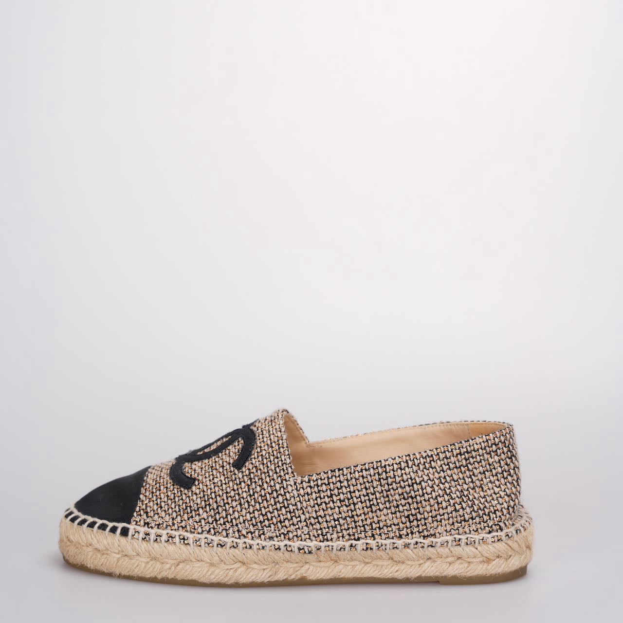 Chanel Tweed Grosgrain CC Espadrilles in Gold Beige Black