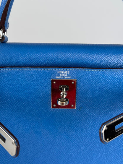 Hermes Kelly Sellier Bag 28cm In Blue Epsom Leather With Gold Hardware