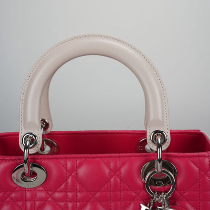 Christian Dior Lady Dior Bag Cannage Medium Hand Bag Lamb Skin Red White