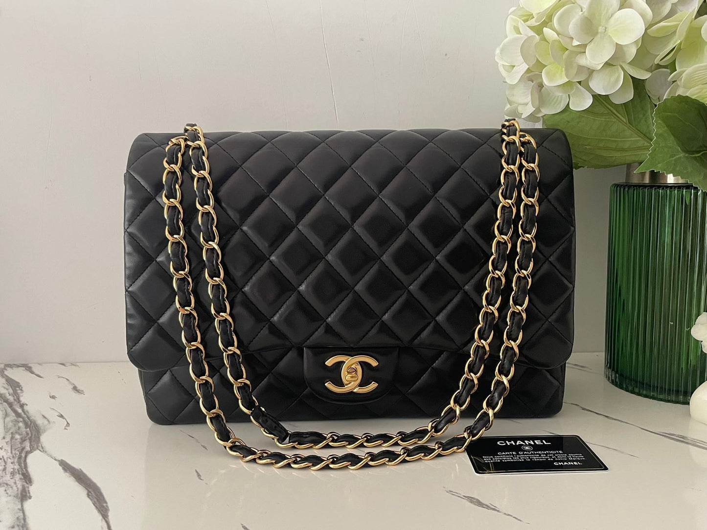 Chanel Black Classic Double Flap Maxi Bag with Gold Hardware