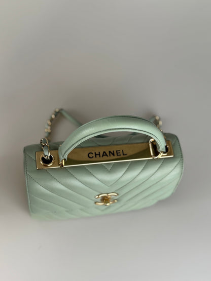 CHANEL Lambskin Chevron Quilted Small Trendy CC Dual Handle Flap Bag Light Green