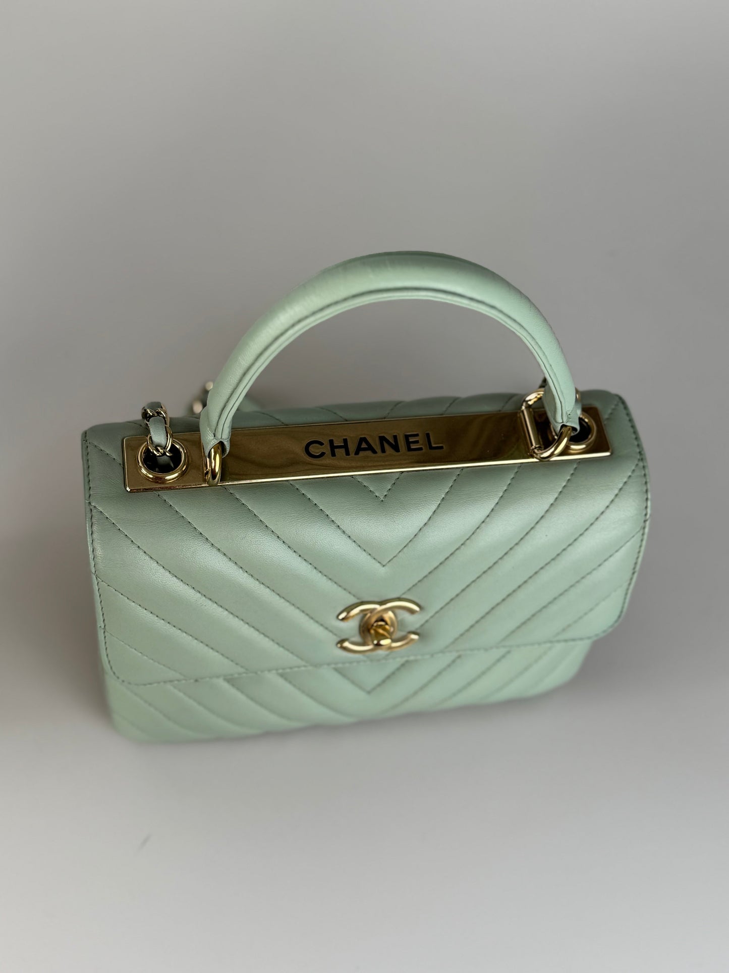 CHANEL Lambskin Chevron Quilted Small Trendy CC Dual Handle Flap Bag Light Green