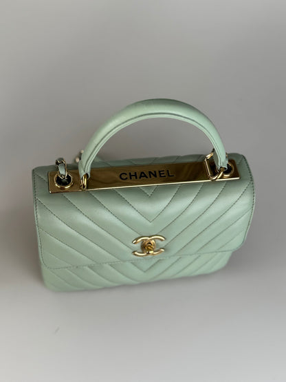 CHANEL Lambskin Chevron Quilted Small Trendy CC Dual Handle Flap Bag Light Green