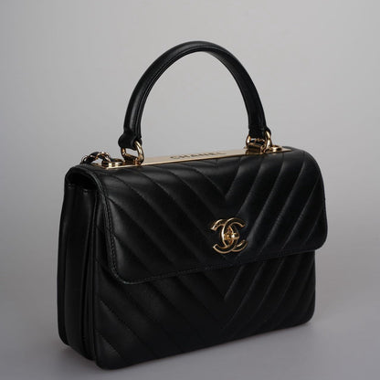 Chanel Lambskin Chevron Medium Trendy CC Top Handle Flap Bag in Black