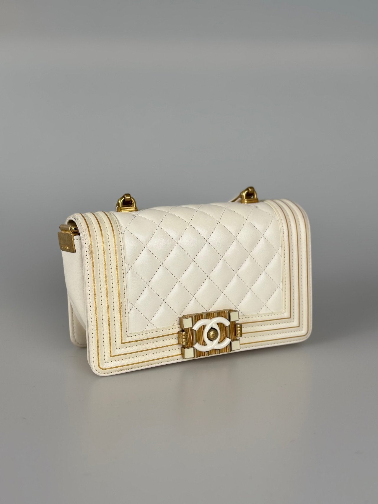 Chanel White Lambskin Boy Bag with Gold Hardware