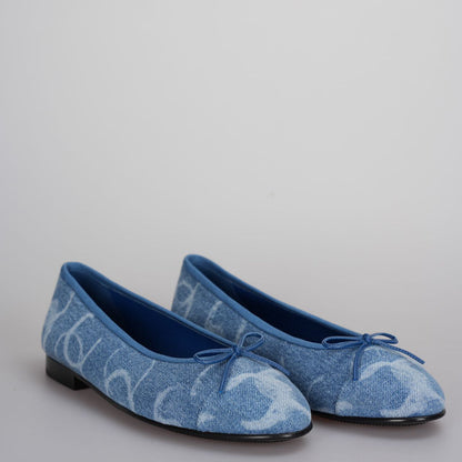 Chanel Printed Denim CC Cap Toe Ballerina Flats Light Blue and White Size 39