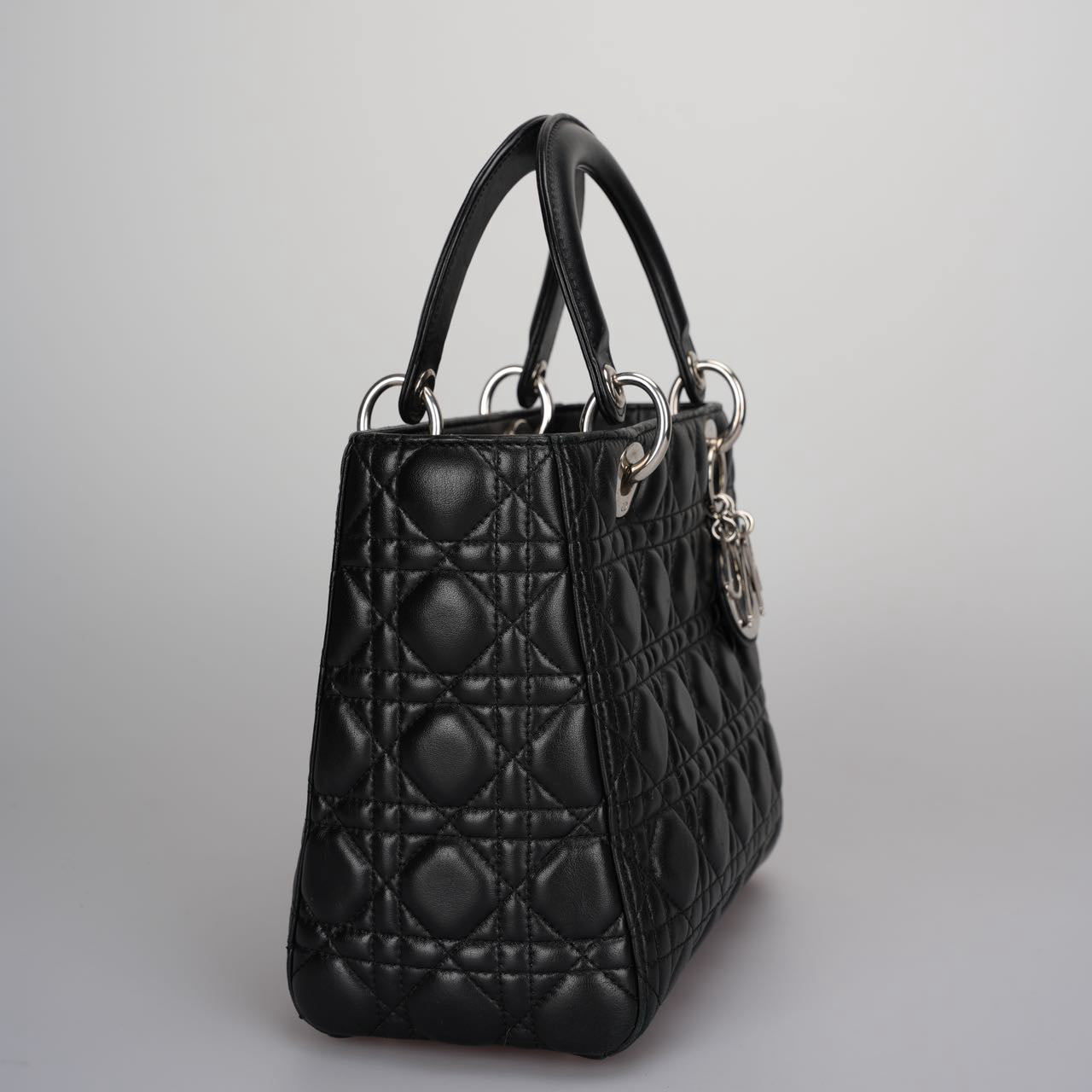 Christian Dior Black Medium Lady Dior Bag in Cannage Lambskin Leather with Silver Hardware