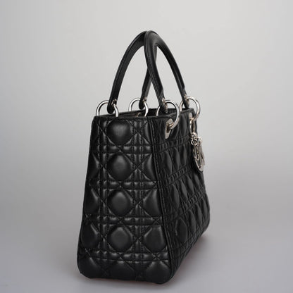 Christian Dior Black Medium Lady Dior Bag in Cannage Lambskin Leather with Silver Hardware