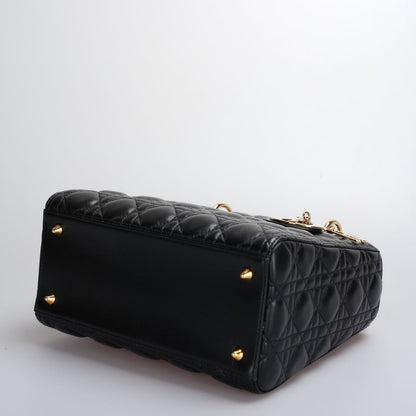 Christian Dior Black Medium Lady Dior Bag in Cannage Lambskin Leather with Gold Hardware