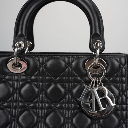 Christian Dior Black Medium Lady Dior Bag in Cannage Lambskin Leather with Silver Hardware