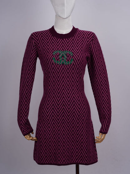 Chanel Burgundy and Green Chevron CC Cashmere Knit Dress Size 36