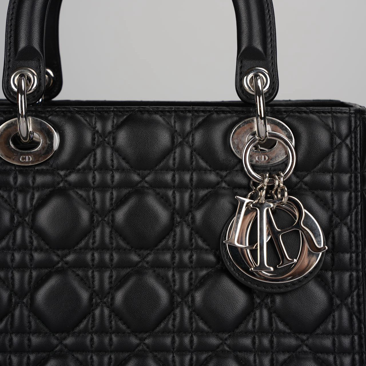 Christian Dior Black Medium Lady Dior Bag in Cannage Lambskin Leather with Silver Hardware