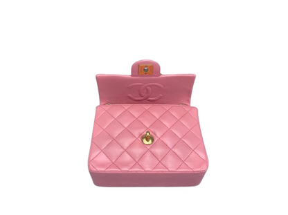 Chanel Vintage  Rose Pink Classic Mini Square Flap Bag in Lambskin  with Gold Hardware