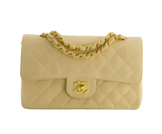 Chanel Vintage Beige Small Fabric Double Flap Bag with 24K Gold Hardware