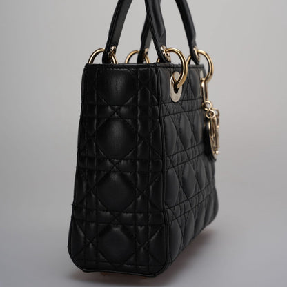 Christian Dior Black Small Lady Dior Bag in Cannage Lambskin Leather with Gold Hardware