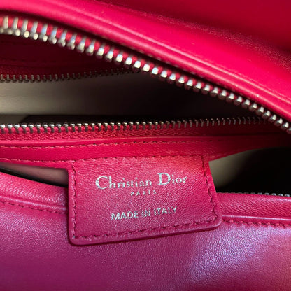 Christian Dior Lady Dior Bag Cannage Medium Hand Bag Lamb Skin Red White