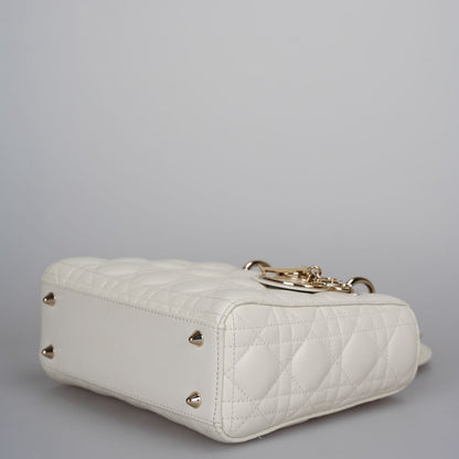 Christian Dior Small Lady Dior Bag in White Cannage Lambskin Leather with Gold Hardware