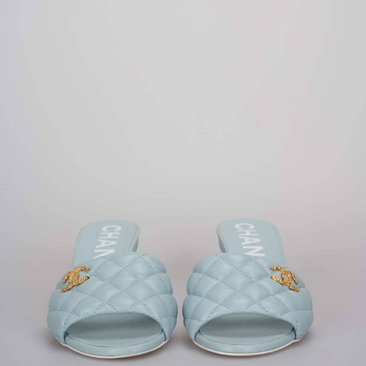 CHANEL Tiffany Blue Lambskin Quilted Textured CC Mules 38.5