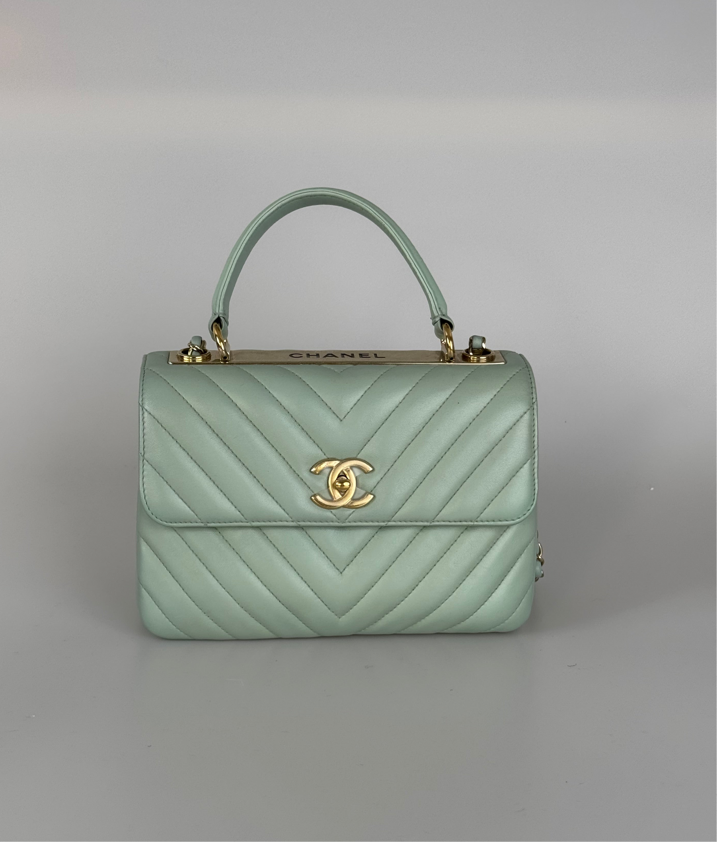 CHANEL Lambskin Chevron Quilted Small Trendy CC Dual Handle Flap Bag Light Green