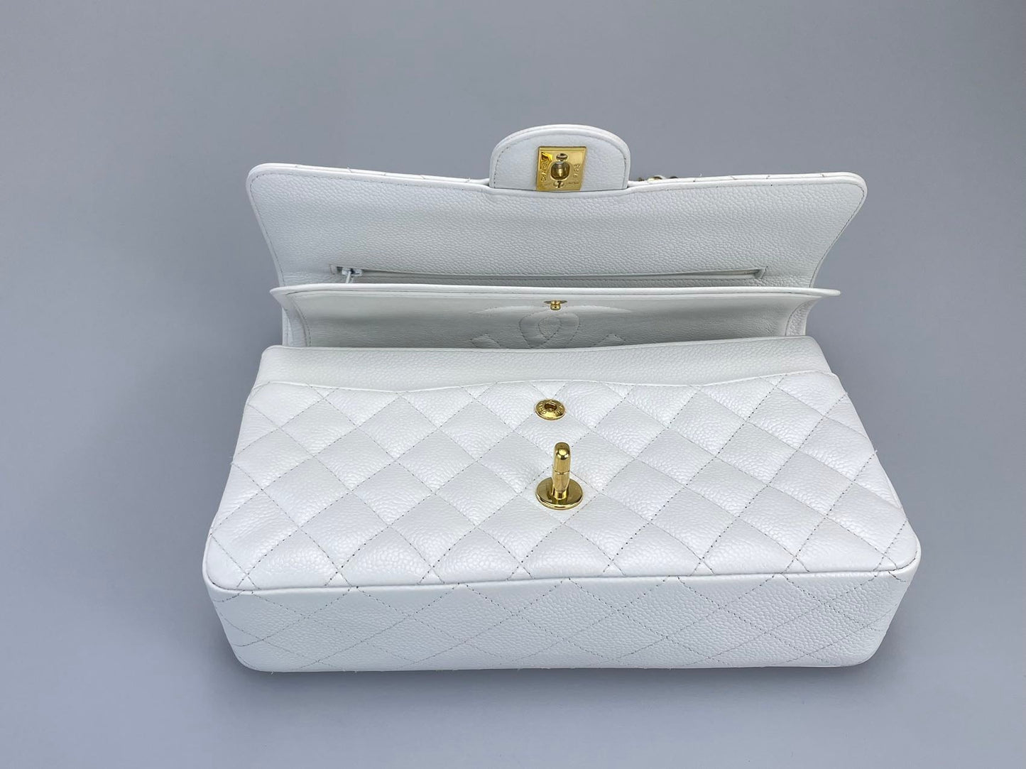 Chanel Medium White Classic Flap Bag in Caviar Leather with Gold Hardware