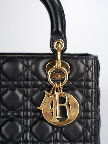 Christian Dior Black Medium Lady Dior Bag in Cannage Lambskin Leather with Gold Hardware