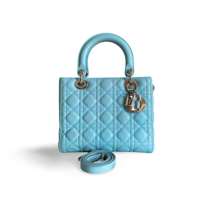 Christian Dior Tiffany Blue Medium Lady Dior Bag in Lambskin with Silver Hardware