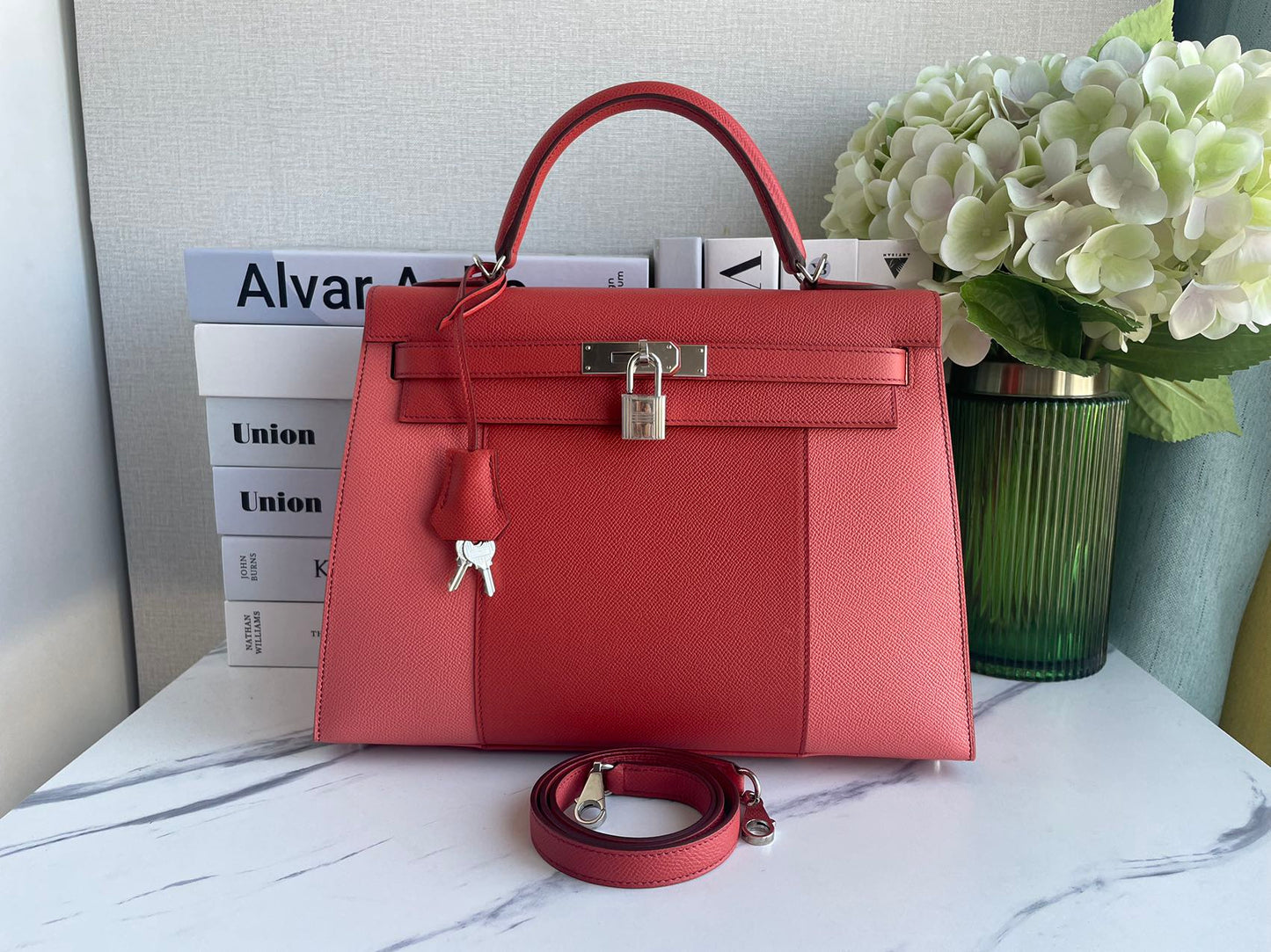 Hermes Kelly 32cm Bag Sellier Flag in Flamingo and Coral Epsom Leather with Palladium Hardware