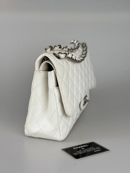 Chanel White Jumbo classic Double Flap Bag In Caviar Leather with silber Hardware