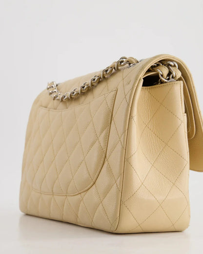 Chanel timeless Flap Bag Beige Jumbo size Caviar Leather with Silver Hardware