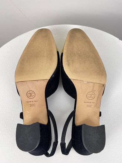 Chanel tweed black gold slingback pumps with CC logo 36